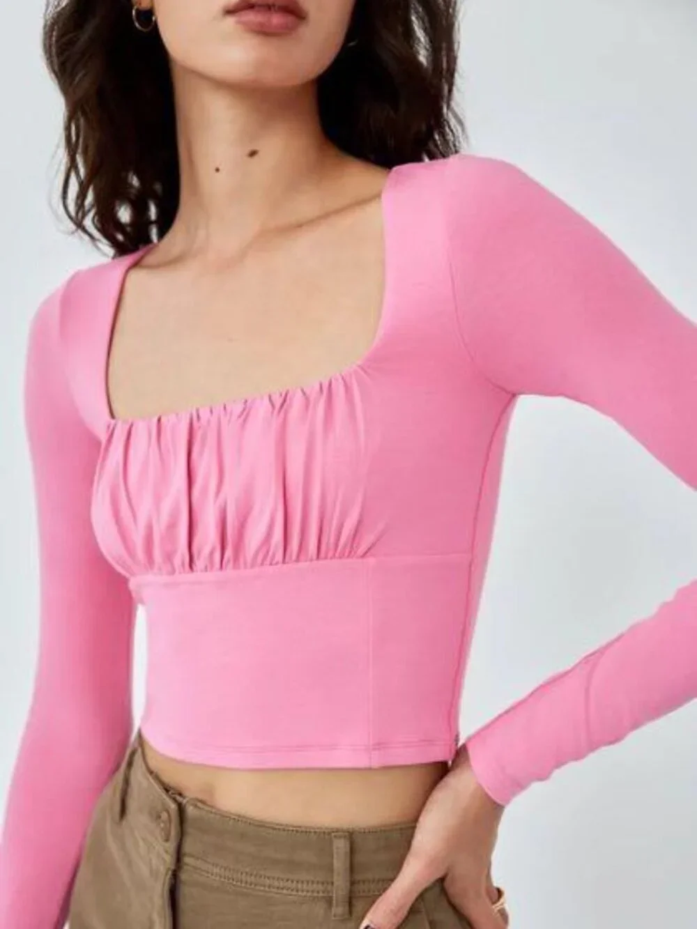 Aritzia WILFRED FREE Orbit Brown Jersey Ruched Long Sleeve Cropped Top, Size S - Picture 13 of 13